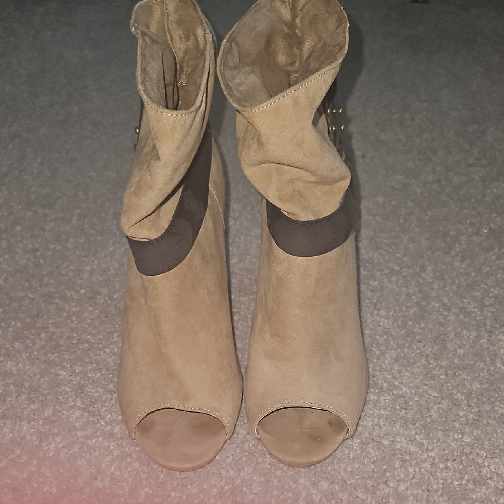 MIA Tan and Brown Peep-Toe Ankle Boots